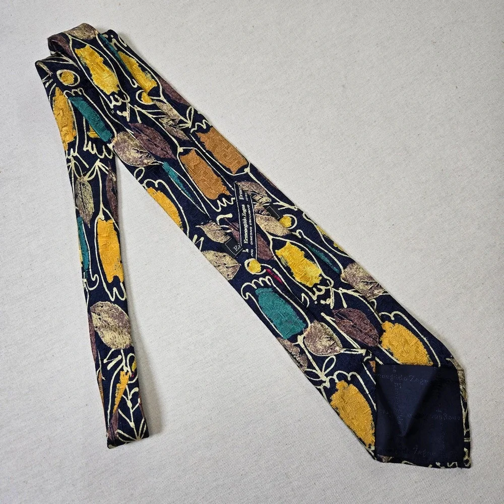 Ermenegildo Zegna Vintage Silk Tie Navy Tulip Pattern Made In Italy Designer 90s